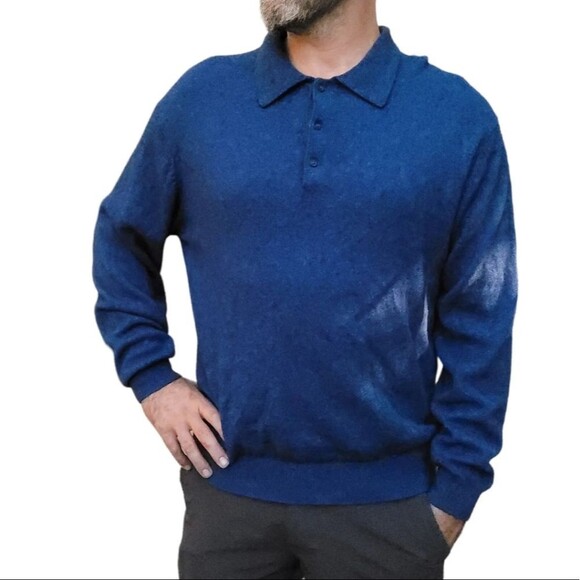 Daniel Bishop Men's 1/4 Buttons Polo 2-ply Cashmere Blue Sweater Mens Large - Picture 1 of 8